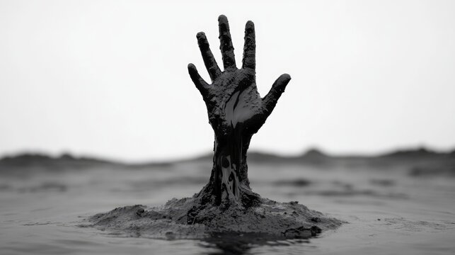Striking image of a hand emerging from dark oil waters