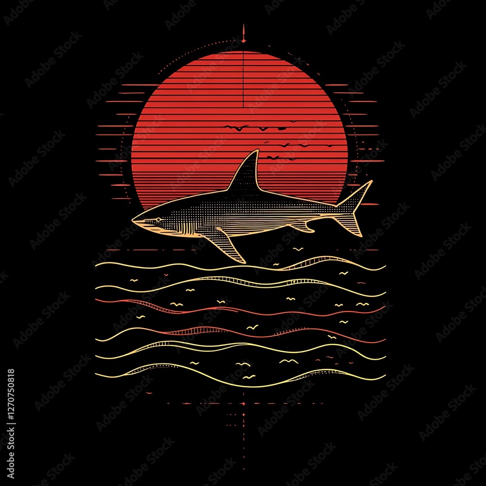 Poster graphic shark silhouette, sunset design. possible use apparel print