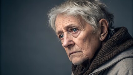 Obraz premium Close-up portrait of an elderly woman with a sorrowful expression, looking into the distance. A deeply emotional image symbolizing aging, loneliness, wisdom, and life experiences.
