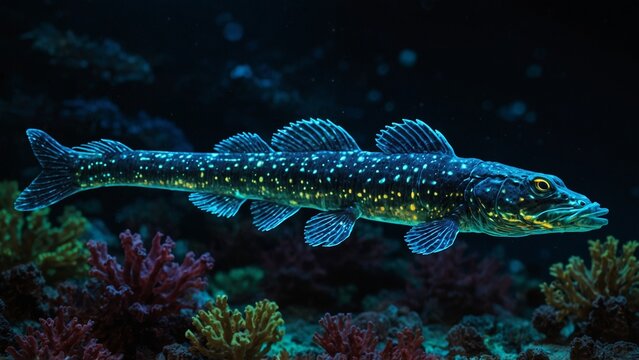 A neon-colored dragonfish with bioluminescent scales, swimming through an alien ocean.