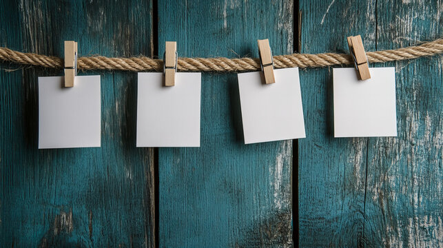 rustic wooden background with blank white cards hanging on a thick rope with wooden clothespins, ideal for placeholders, notes, memory displays, or creative projects with a vintage farmhouse aesthetic