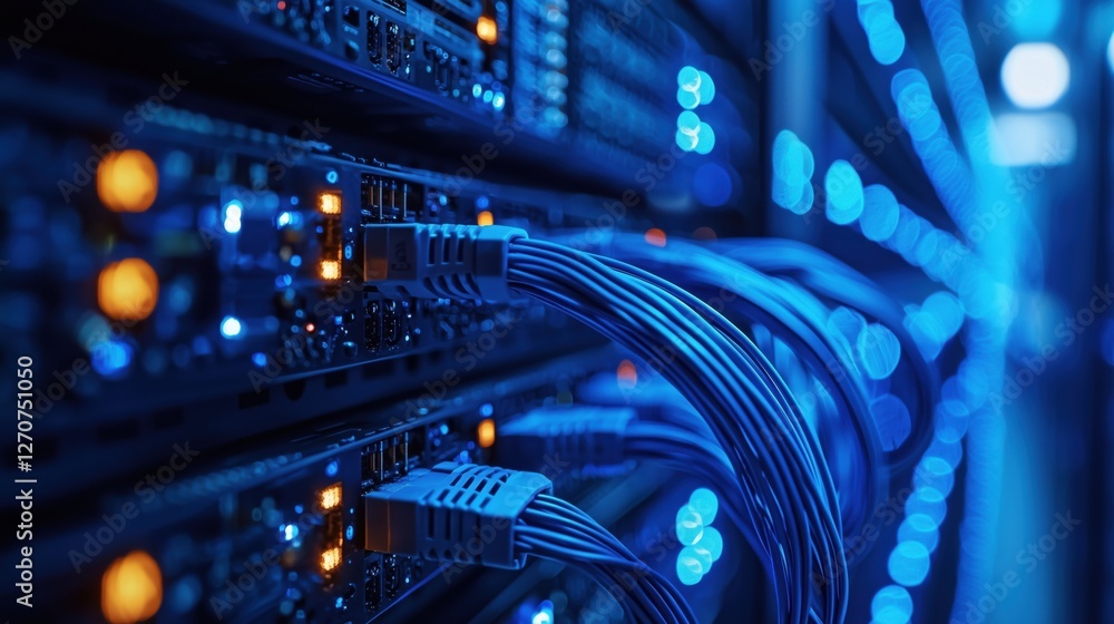 Poster close-up view of network cables connecting to servers in a data center illuminated by blue led light