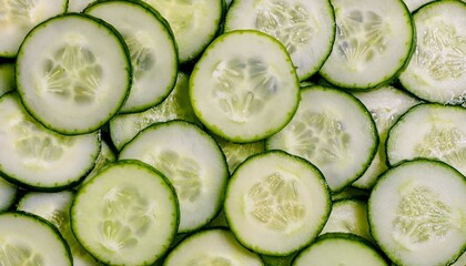 Close-up of thinly sliced cucumber rounds, emphasizing their smooth texture and light green color. Ideal for healthy food, salads, or vegetable concepts. Texture, background.