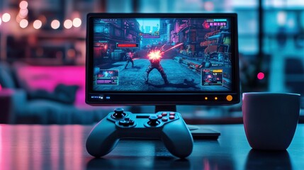 A vibrant gaming setup featuring a console controller, a monitor displaying an action-packed game, and a coffee mug, all set against a colorful background.