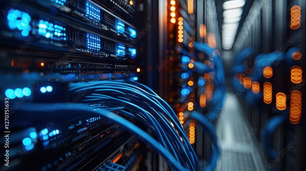 Poster close-up view of server room with blue and orange lights highlighting network cables and data storag