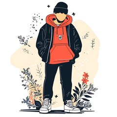 Stylish youth in trendy outerwear, surrounded by nature. Possible use Fashion illustration