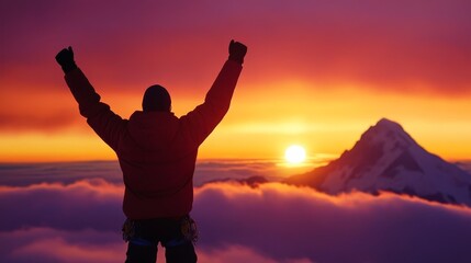 Fototapeta premium Person celebrating at sunrise on a mountain peak, surrounded by clouds and vibrant color