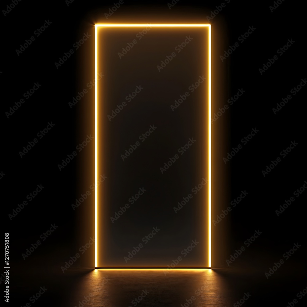 Poster empty glowing rectangular portal in dark room. potential use background, backdrop