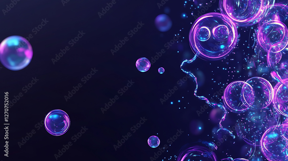 Poster luminous bubbles floating in a dark fluid space with twisting energetic strands