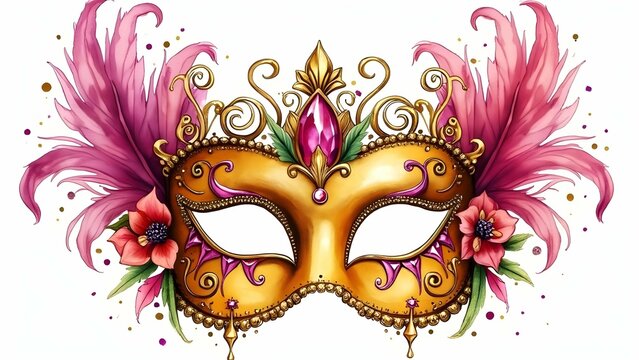 A vibrant and ornate Venetian masquerade mask adorned with feathers, jewels, and flowers, creating a sense of mystery and intrigue