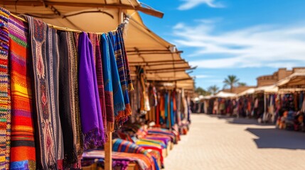 Naklejka premium Colorful textiles hanging in a vibrant market under sunny skies with shoppers in the background