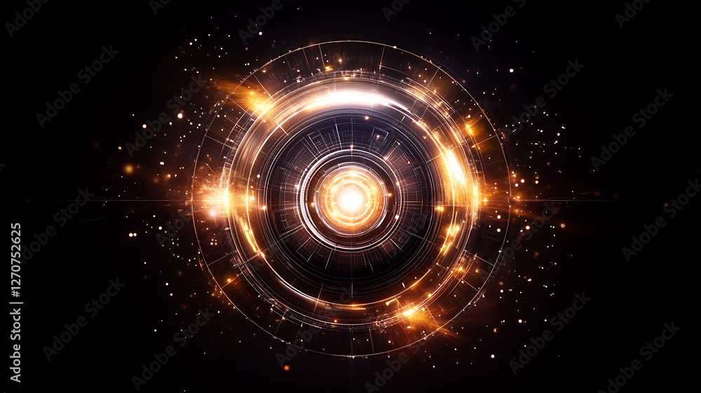 Poster luminous circle with technological flare optical effect and glowing particles on a black background