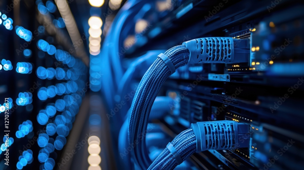 Poster close-up view of network cables in data center with blue lights highlighting modern technology and c