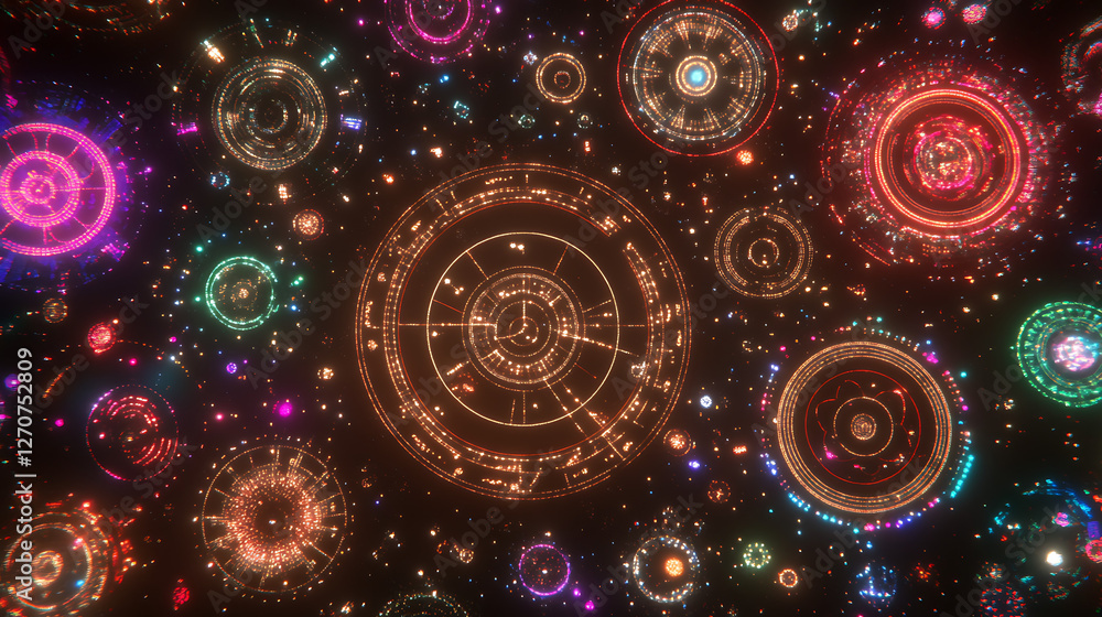 Poster luminous circular data orbs and sparkling particles in a nebulaic visualization of complex informati
