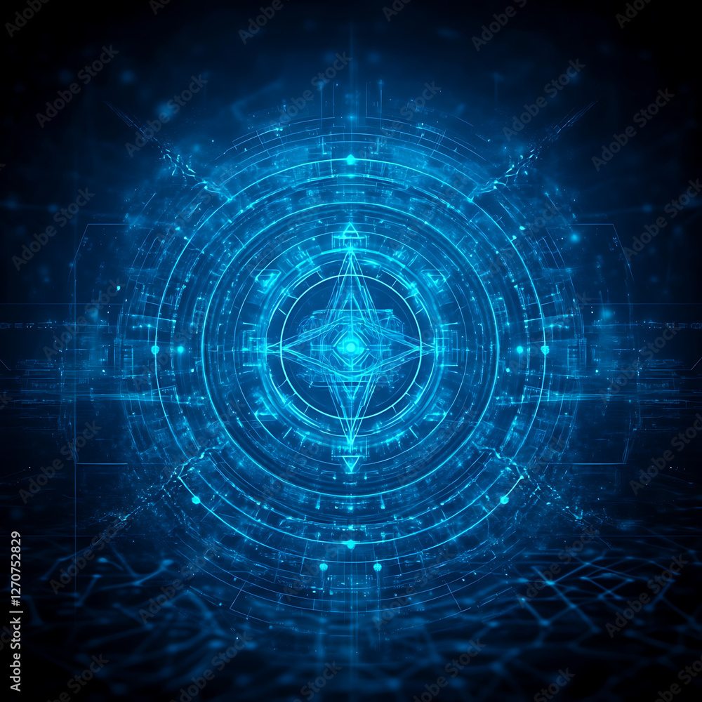 Poster luminous circular tech portal with digital energy flow and geometric star at its core concept