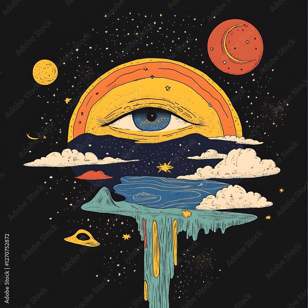 Poster psychedelic abstract art of a cosmic eye over a floating island