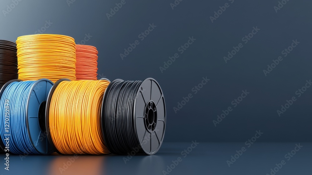 Poster colorful spools of wire stacked neatly on a solid surface against a minimalist background