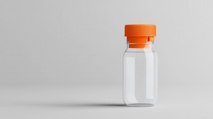 Clear glass bottle with orange cap on light gray background for medical and laboratory use photography