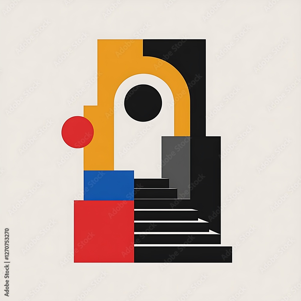 Poster Abstract architectural archway with steps. Colorful geometric shapes. Background is plain. Possible use for posters, prints, or backgrounds