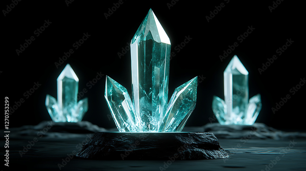 Aufkleber luminous crystal clusters gleaming in the dark cavern under a mysterious light source presentation