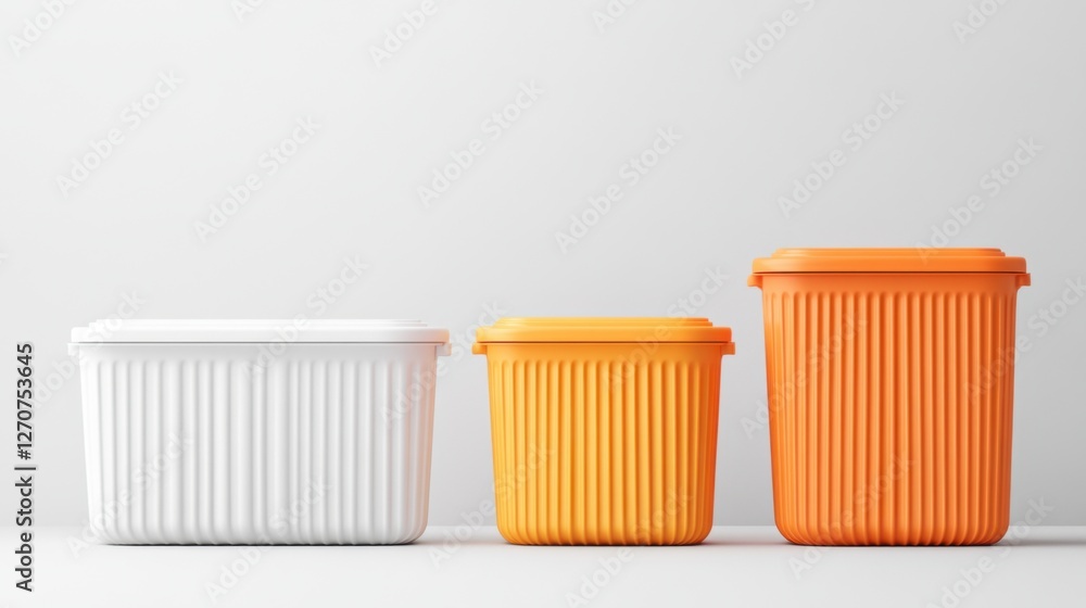 Aufkleber colorful stackable storage containers in white and orange on minimalist background for organizing sp