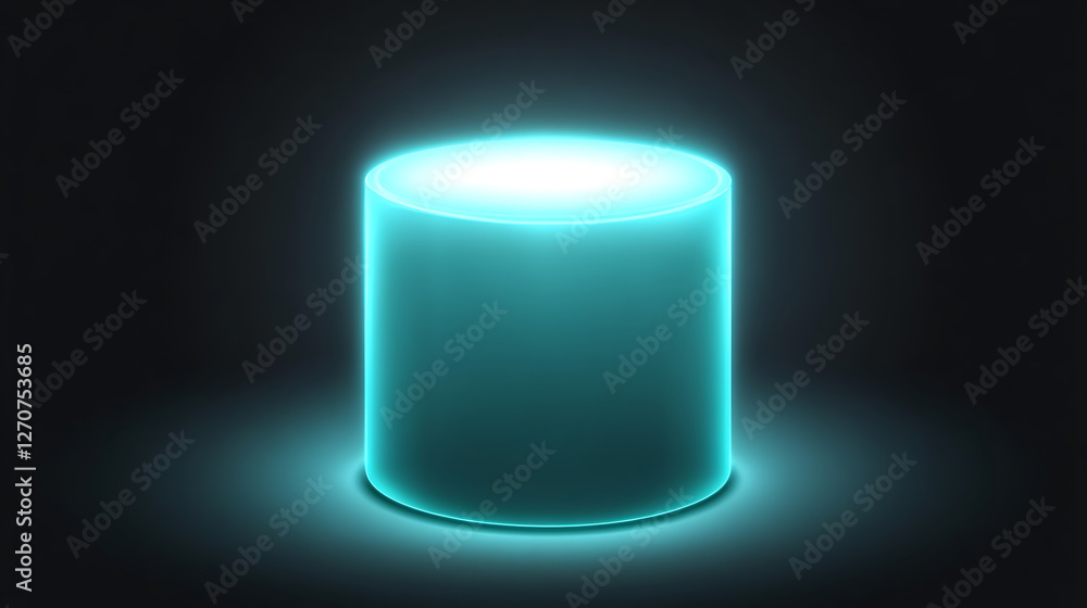 Poster luminous cylinder shining a teal glow with subtle reflections on a dark gradient background effect