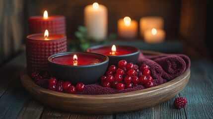 Cozy Arrangement of Candles and Berries on a Wooden Tray with Soft Textiles for a Relaxing Atmosphere in a Warm and Inviting Setting