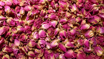 Dense arrangement of dried rose petals, emphasizing their delicate texture and soft pink or red color. Perfect for floral, herbal, or elegant food themes. Texture, background.