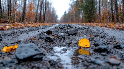 Autumn forest road, puddles, fallen leaves. Background trees. Use travel blog