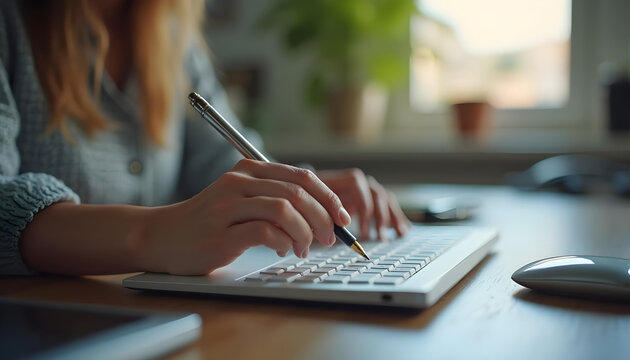 Mujer trabajando en su escritorio. Detalle de las manos
