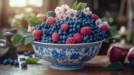 Fresh and Vibrant Bowl of Mixed Berries with Floral Accents Presented in a Traditional Blue and White Ceramic Dish on a Wooden Table