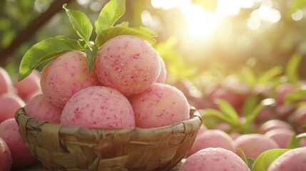 Fresh and Delicious Pink Fruits in a Sunlit Basket Surrounded by Green Leaves and Soft Blurry Bokeh in a Lush Garden Setting