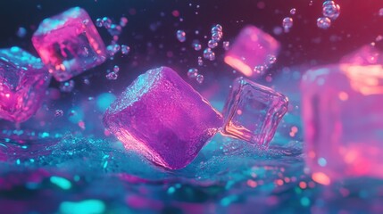Fototapeta premium Bright ice cubes in neon hues, immersed underwater, releasing tiny bubbles in a mesmerizing, energetic underwater scene