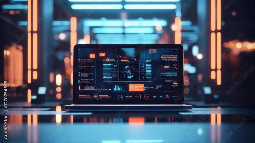 Poster futuristic tech, laptop displaying advanced data analytics in a modern tech setting
