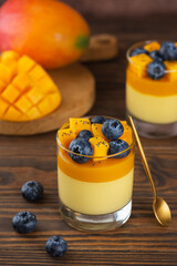 Double colored mango panna cotta mousse pudding with blueberries and coconut cream. Vegan food,...