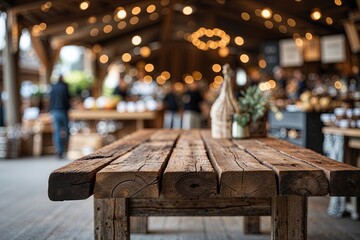 Reclaimed Wood Tabletop with Soft Blurred Background for Artisanal Market Promotions