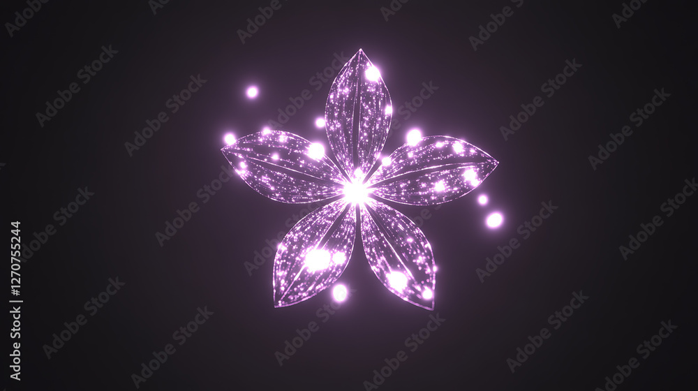 Poster luminous five petaled flower with glowing particle effects on dark background artistic render