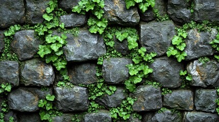 Moss-covered stone wall, overgrown, outdoors