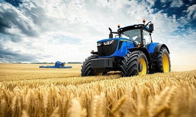 Fototapeta premium Modern Blue Tractor Working on a Wheat Field Under a Cloudy Sky