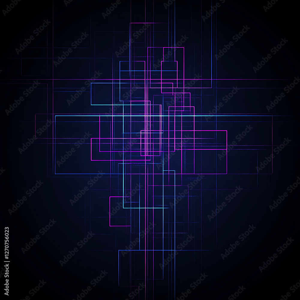 Poster luminous geometric abstract of intersecting rectangles on dark backdrop for futuristic design