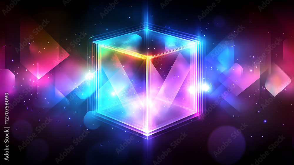 Poster luminous geometric cube with vibrant spectrum in abstract space background design elements