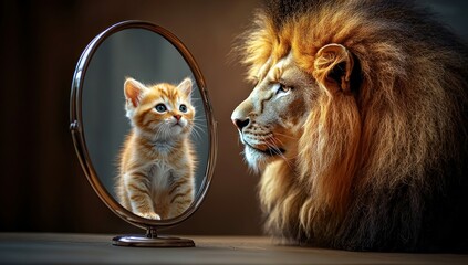 Kitten Looking into Mirror and Seeing a Lion Reflection