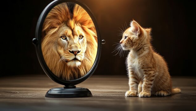 Kitten Looking into Mirror and Seeing a Lion Reflection
