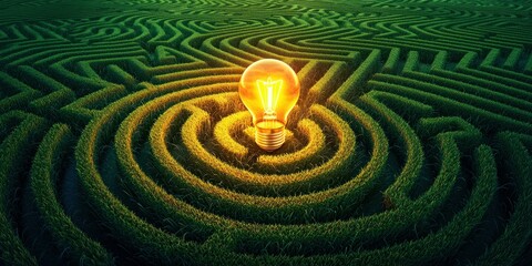 Naklejka premium Glowing Light Bulb in the Center of a Green Grass Maze