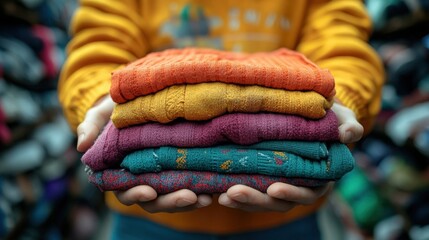 Person Holding a Stack of Colorful Folded Sweaters in a Cozy Clothing Store Environment with a Variety of Other Garments in the Background