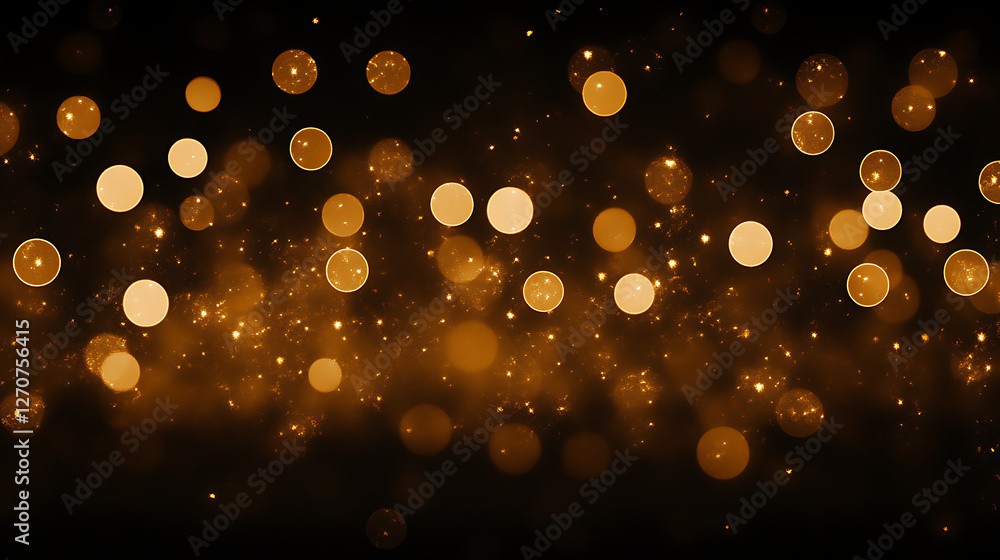 Poster luminous golden orbs floating in dark space creating magical sparkles and reflections effects
