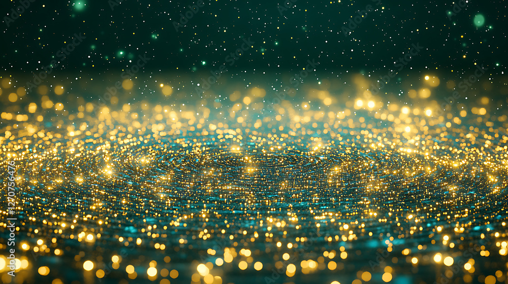 Poster luminous golden particles on teal surface abstract digital rendering visualization effect