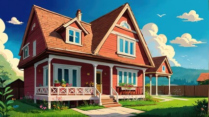Fototapeta premium Illustration, a house, garden, lots of clouds