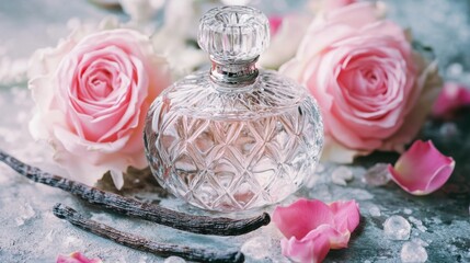 Fototapeta premium Clear glass perfume bottle with intricate design, accented by pink roses and vanilla beans on a textured backdrop