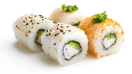 Delicious sushi rolls with white background
